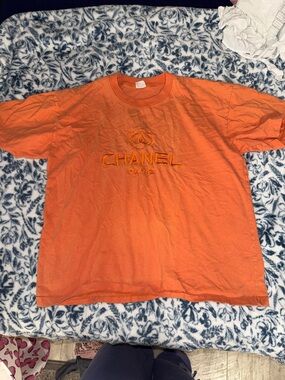 CHANEL Orange Embroidered Logo Short Sleeve Tee